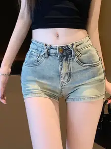 StyleCast x Revolte Women Blue Washed Mid-Rise Denim Shorts