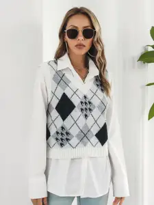 StyleCast Women White & Black Printed Sweater Vest