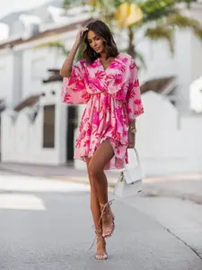 StyleCast Pink Floral Printed Flared Sleeves Gathered Fit & Flare Dress