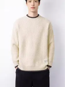 StyleCast x Revolte Beige Textured Round Neck Pullover Sweatshirt