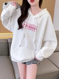 StyleCast White Typography Printed Hooded Longline Cotton Pullover Sweatshirt