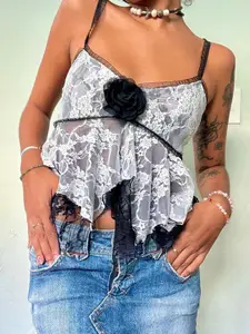 StyleCast x Revolte Women Floral Net Lace Insert Semi Sheer CropTop