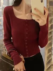 KPOP Women Scoop Neck Solid Long Sleeves Sweaters