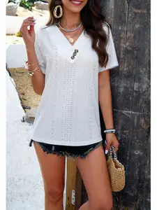 StyleCast White Self Design V Neck Short Regular Top