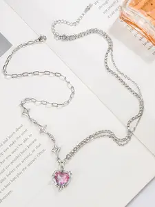 FIMBUL Stainless Steel Heart & Star Charm Stone-Studded Layered Necklace