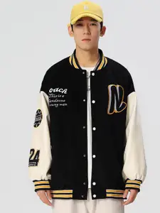 StyleCast x Revolte Men Stand Collar Typography Printed Casual Varsity Jacket
