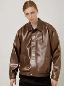 StyleCast x Revolte Men Spread Collar Solid Casual Leather Jacket