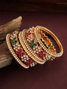 EVY Set Of 6 Gold-Plated Kundan Stone Studded & Beaded Bangles