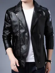 StyleCast x Revolte Men Lapel Collar Solid Casual Leather Jacket