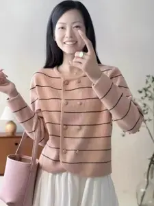 StyleCast Women Striped Round Neck Woollen Cardigan Sweater