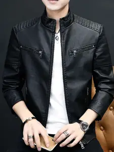 StyleCast x Revolte Men Mock Collar Solid PU Casual Leather Jacket