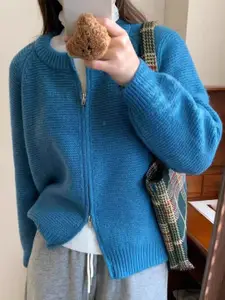 StyleCast Women Round Neck Long Sleeves Front-Open Sweater