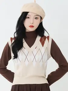 StyleCast Beige Checked Sweater Vest