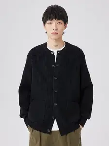 StyleCast x Revolte Men Ribbed Self Design Henley Neck Cardigan Sweater