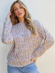 StyleCast Women Speckled Self Design Boat Neck Long Sleeves Pullover Sweaters