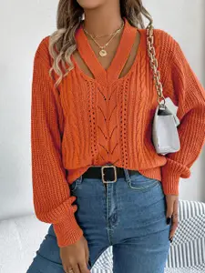 StyleCast x Revolte Women Self Design V-Neck Cable Knit Pullover