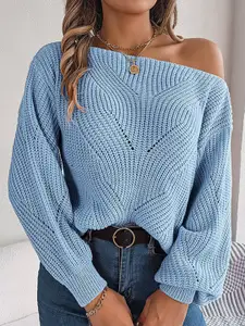 StyleCast  Blue Cable Knit Self Design Boat Neck Ribbed Acrylic Pullover
