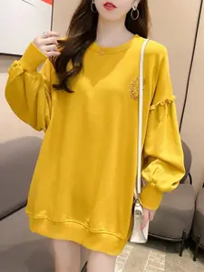 StyleCast x Revolte Yellow Typography Printed Embellished Cotton Sweatshirt