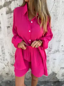 StyleCast Fuchsia Long Sleeves Shirt With Shorts