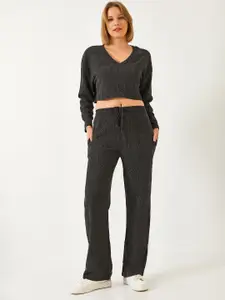 BIANCO LUCCI Self Design V-Neck Crop Top & Trousers Co-Ords
