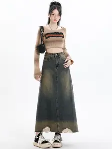 StyleCast Women Solid Denim A-Line Front Slit Maxi Skirt