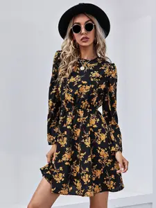 StyleCast Floral Print Long Sleeves Round Neck Cotton Fit & Flare Dress