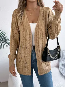 StyleCast x Revolte Khaki Coloured Self Design Open Front Acrylic Shrug