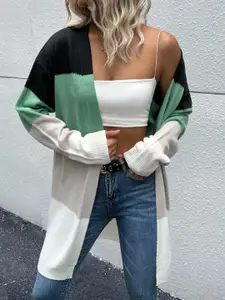 StyleCast Green Colourblocked Longline Acrylic Front-Open Sweater