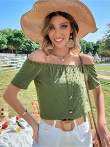 StyleCast Women Olive Green Print Off-Shoulder Bardot Top