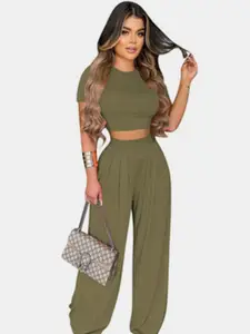 The Roadster Lifestyle Co Round Neck Crop Top & Trousers Co-Ords