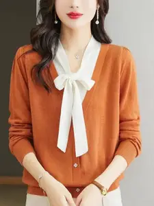 StyleCast Women V-Neck Cardigan Sweater With Bow Details