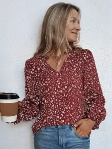 StyleCast Women Floral Printed Mandarin Collar Puff Sleeves Top