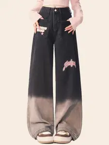 StyleCast Women Wide Leg Light Fade Applique Cotton Jeans