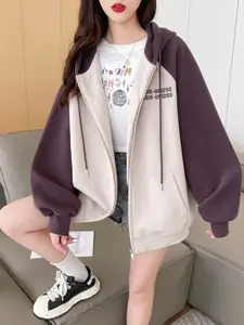 StyleCast Brown Colourblocked Cotton Front-Open Pullover