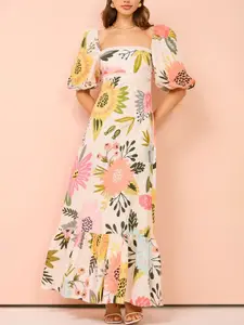 StyleCast x Revolte Polyester Floral Printed Puff Sleeves Maxi A-Line Dress