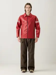StyleCast x Revolte Men Spread Collar Striped Casual Leather Jacket