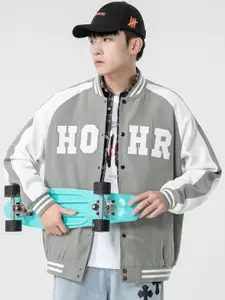 StyleCast x Revolte Men Stand Collar Typography Printed Casual Bomber Jacket