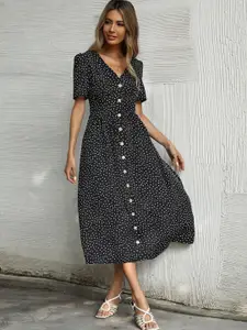StyleCast Black & White Polka Dots V-Neck Puff Sleeves Midi Dress