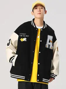 StyleCast x Revolte Men Stand Collar Typography Printed Casual Varsity Jacket