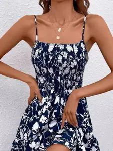 StyleCast Navy Blue Floral Printed Shoulder Straps Gathered Smocked Fit & Flare Dress