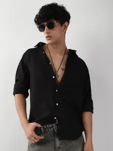 Urbano Fashion Men Black Solid Linen Full Sleeve Relaxed Fit Casual Shirt