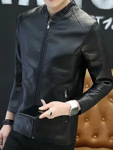 StyleCast x Revolte Men Mandarin Collar Solid PU Casual Windcheater Jacket