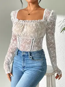 StyleCast Women Square Neck Puff Sleeves Fitted Crop Top