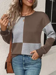 StyleCast Brown Colourblocked Round Neck Long Sleeves Sweatshirt