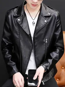 StyleCast x Revolte Men Lapel Collar Solid PU Casual Leather Jacket