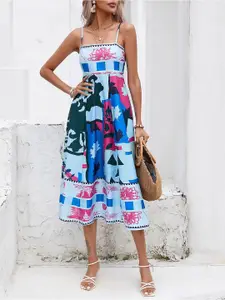 StyleCast Blue Abstract Printed Smocked Fit & Flare Midi Dress