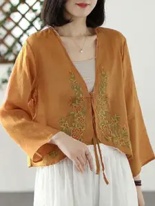 StyleCast Orange Floral Embroidered Bell Sleeves Top