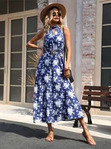 StyleCast Blue Floral Print Choker Neck Maxi Dress