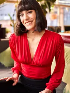 Olalook Women V-Neck Puff Sleeve Crop Top