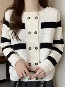 StyleCast Women Striped Round Neck Front-Open Sweaters